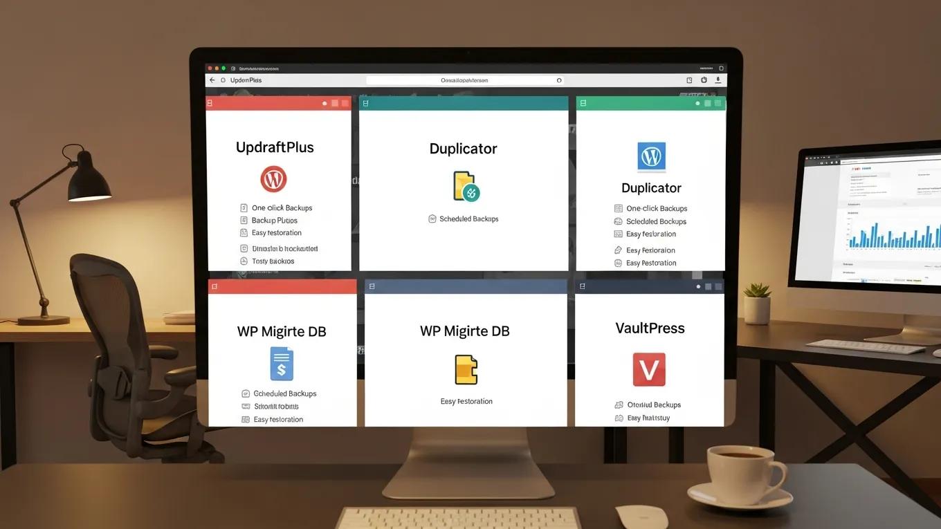 Backing Up Your WordPress Site Safely: 5 Proven Steps 1 Computer screen displaying popular WordPress backup plugins in a modern workspace
