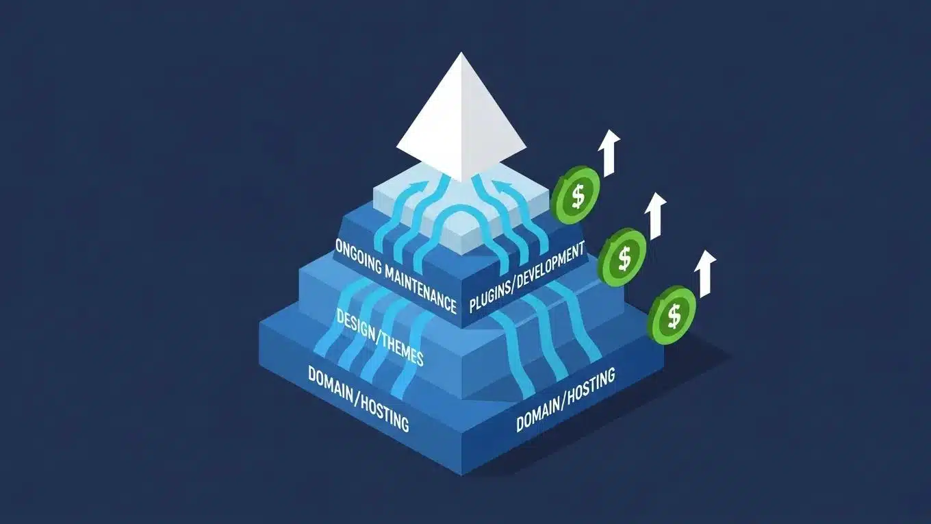 WordPress Website Cost 2026 1 Cost breakdown pyramid illustrating the hierarchy of expenses for WordPress website setup and maintenance