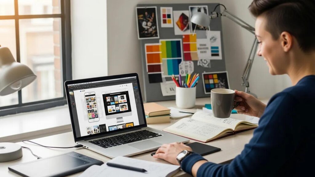 Designer working on responsive website layout on a laptop, emphasizing modern design tools and mobile optimization