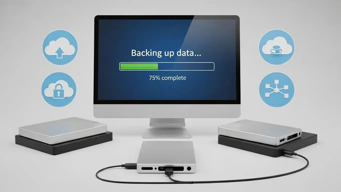 Why Managed WordPress Hosting Prevents Downtime 1 Digital backup process with a computer screen showing data backup, emphasizing security and recovery