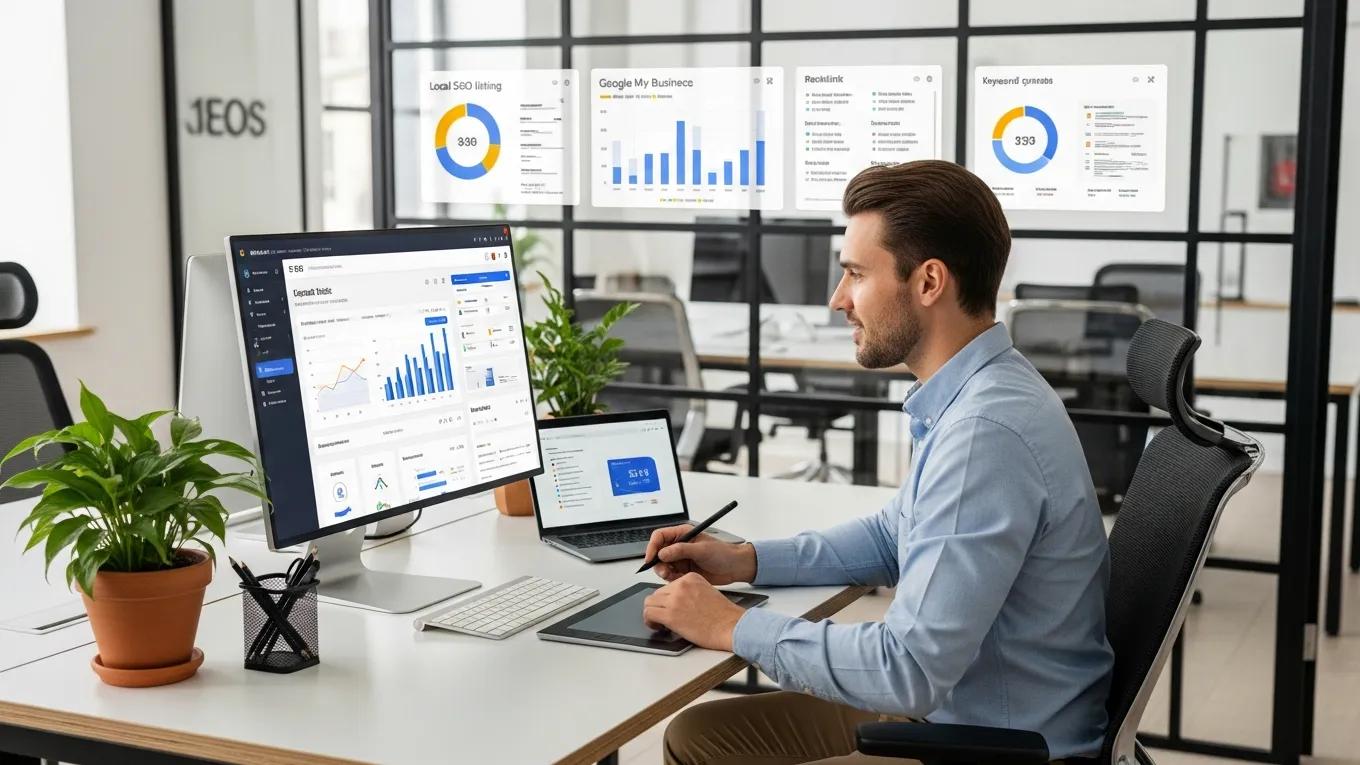 5 Key WordPress Growth Strategies for Agencies 2 Digital marketing professional analyzing SEO metrics and local listings for WordPress agency growth