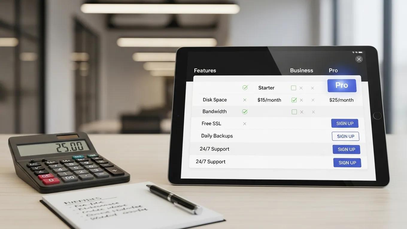 Choosing the Best WordPress Hosting Provider 2 Digital pricing table for WordPress hosting plans on a modern desk