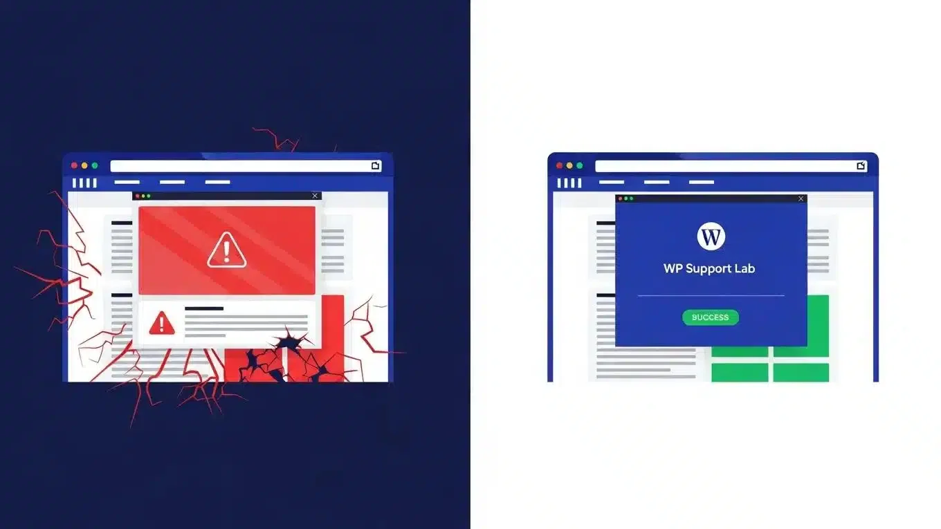 WordPress Backup Strategy 2026 2 Disaster recovery scenario illustrating a crashed WordPress site and successful restoration