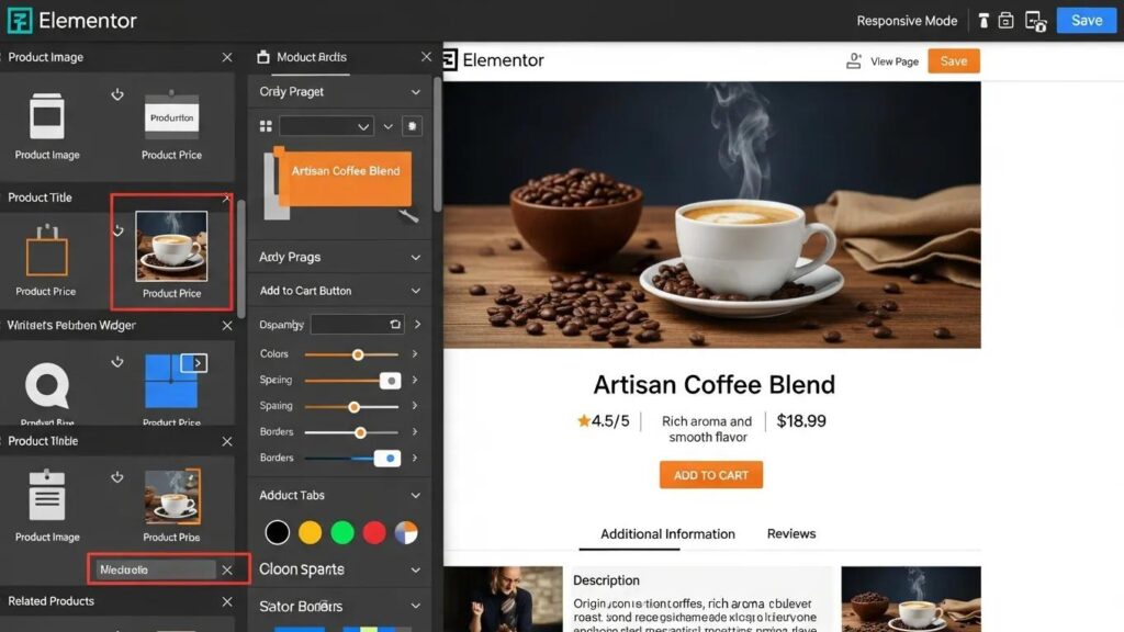 Elementor WooCommerce product page builder interface showcasing customizable design elements