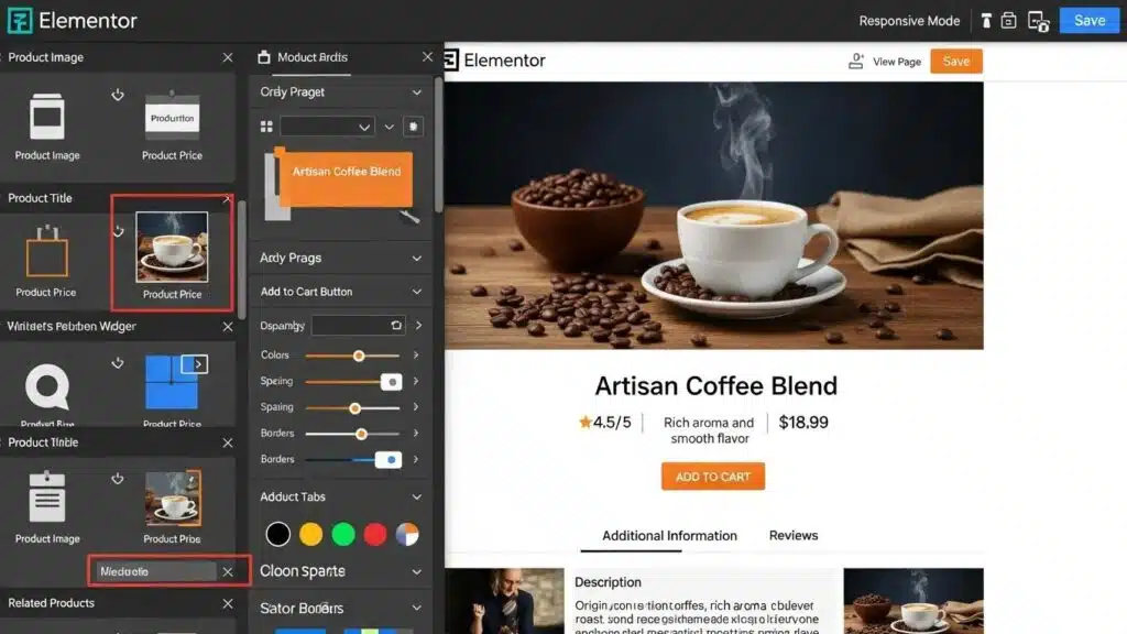 Elementor WooCommerce product page builder interface showcasing customizable design elements