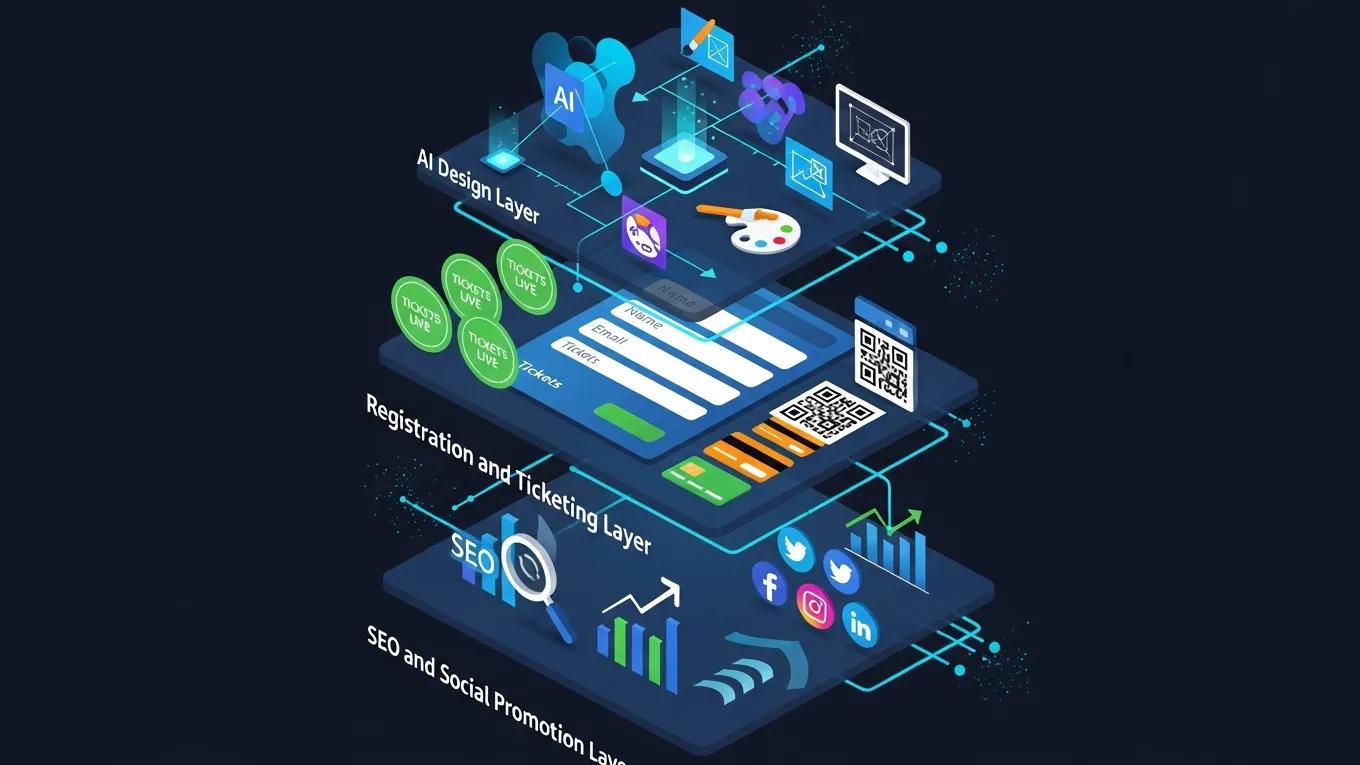AI Website Builder for Event Sites: Create Beautiful Event Pages Fast 1 Event website builder tech stack illustrating AI design, registration, and SEO layers