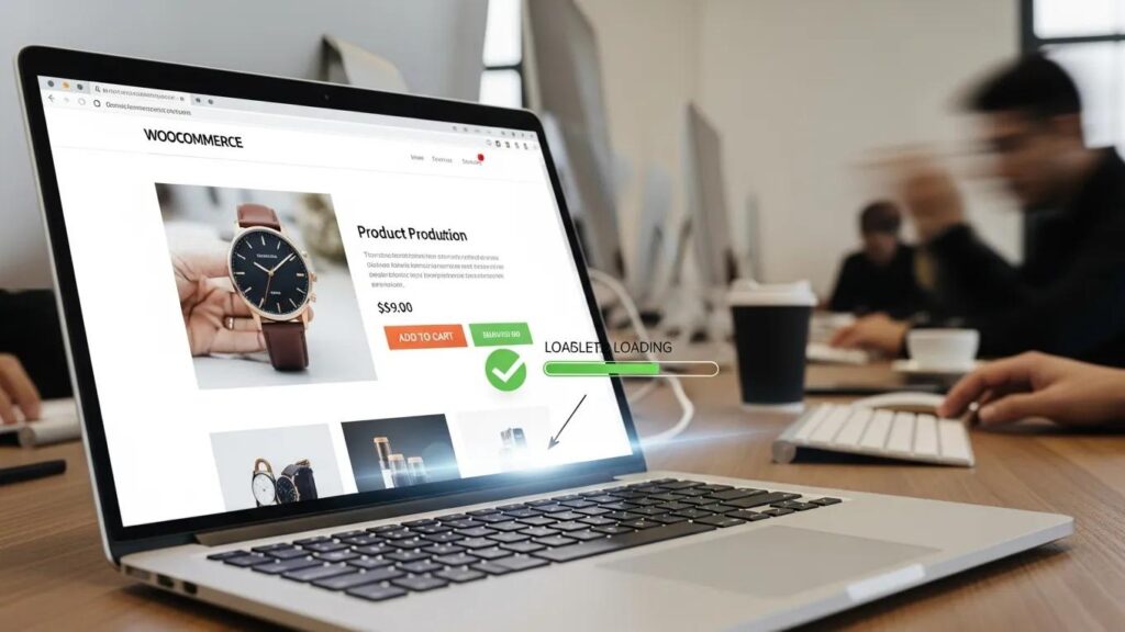 Fast-loading WooCommerce online store on a laptop, symbolizing speed optimization