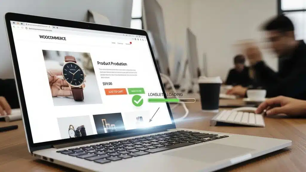 Fast-loading WooCommerce online store on a laptop, symbolizing speed optimization