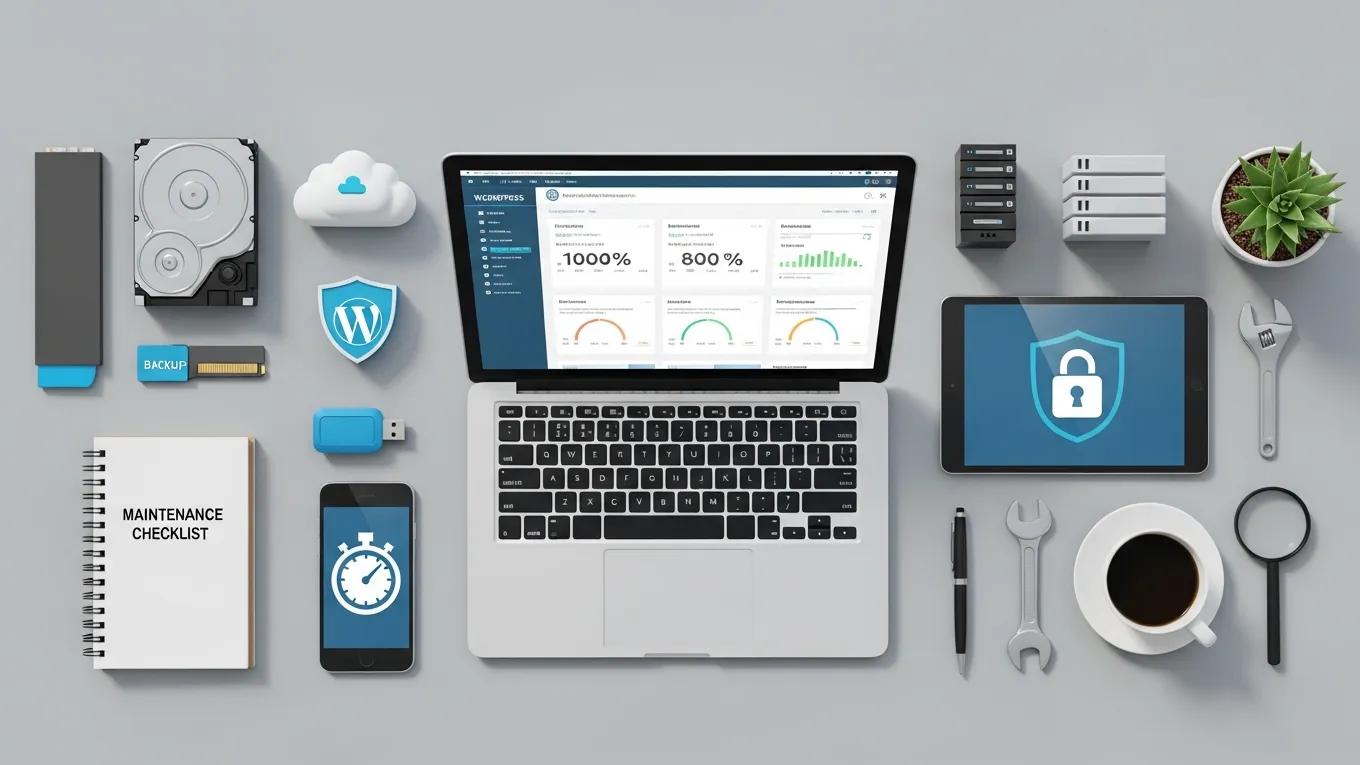 WordPress Maintenance Checklist: Complete Guide 2026 2 Flat lay of WordPress maintenance tools, showcasing backup solutions and security plugins for effective site management