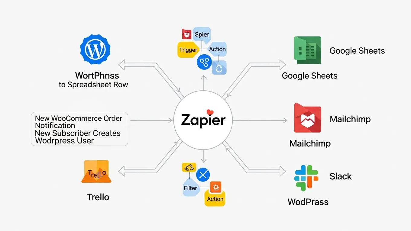 Automating WordPress Workflows with Plugins: 5 Powerful Methods 1 Flow diagram of Zapier integration with WordPress showcasing automation processes