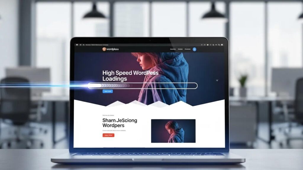 High-speed WordPress website loading on a laptop in a modern office setting
