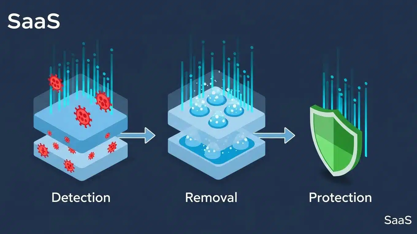 WordPress Malware Removal 2026 1 Illustration of a malware removal pipeline showcasing detection, removal, and protection layers