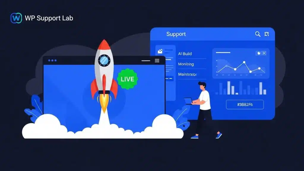 Illustration of an AI website launch with WP Support Lab expert monitoring and support dashboard