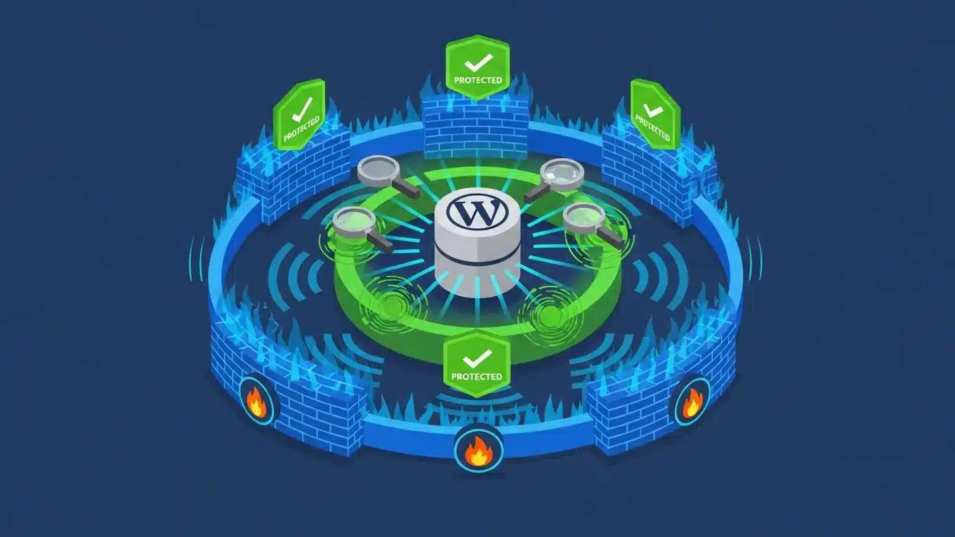 WordPress Security 2026 1 Illustration of WordPress security layers showcasing firewall, malware scanner, and core installation with protection indicators