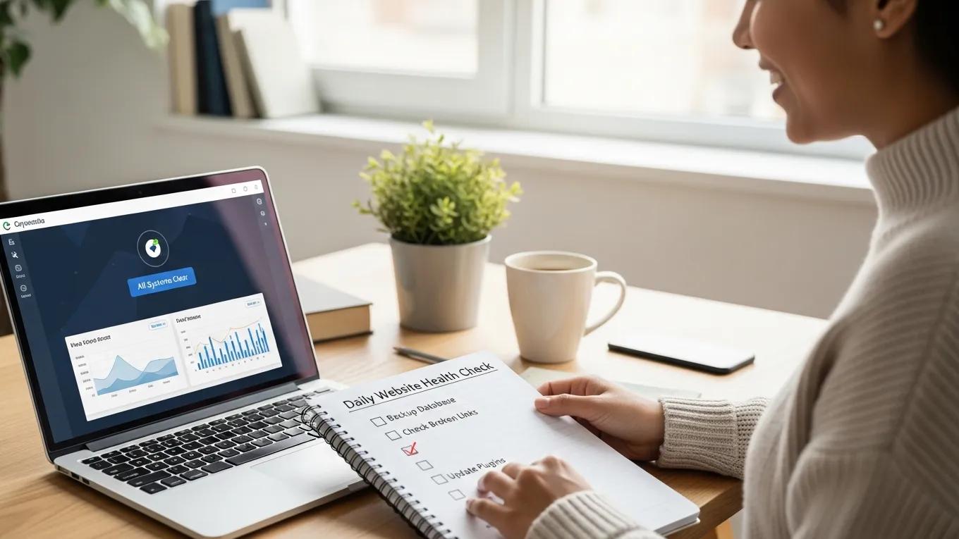 WordPress Maintenance Checklist: Complete Guide 2026 1 Individual conducting daily maintenance on a laptop, highlighting essential tasks for WordPress site health