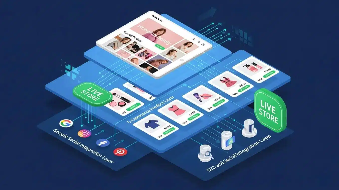 Fashion Beauty Website Builder 1 Isometric illustration of a fashion beauty website stack highlighting design, ecommerce, and SEO integration