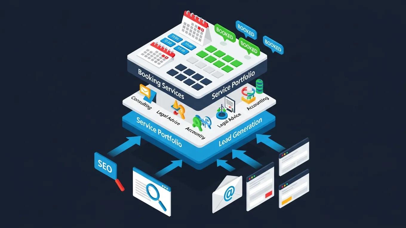 Professional Services Website Builder 1 Isometric illustration of a professional services website stack highlighting booking and scheduling features