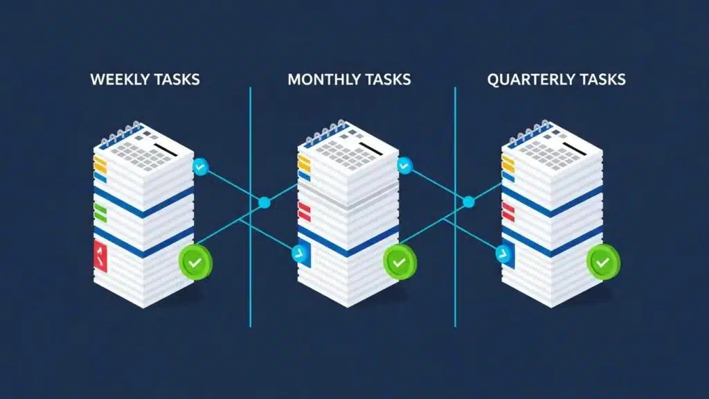 WordPress Maintenance Cost in 2026: What You Should Expect to Pay 2 Isometric illustration of a WordPress maintenance calendar displaying weekly, monthly, and quarterly tasks with completion badges