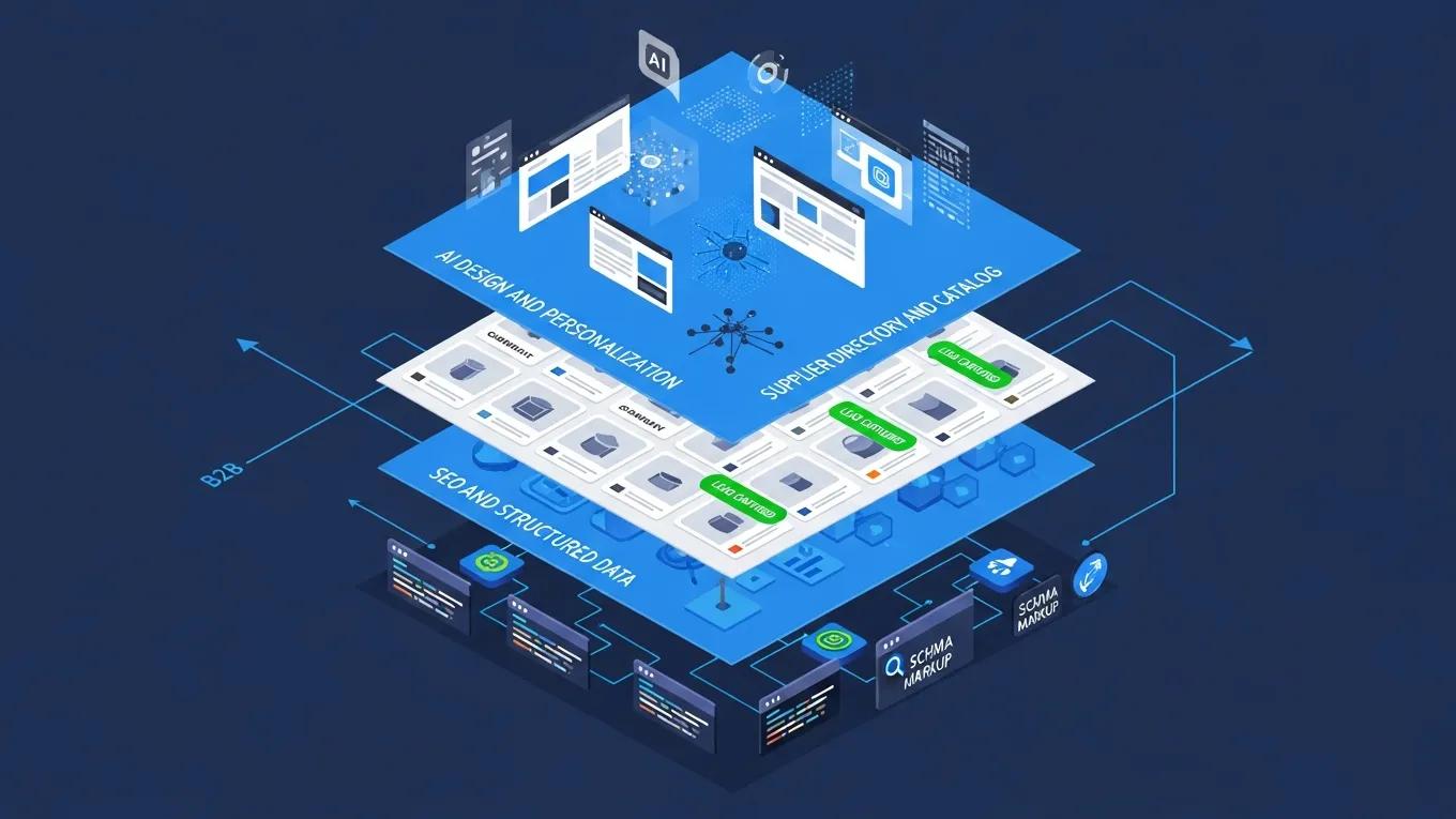 AI Website Builder for B2B Companies: Professional Sites That Convert 1 Isometric illustration of B2B website architecture highlighting AI design, supplier directory, and SEO layers