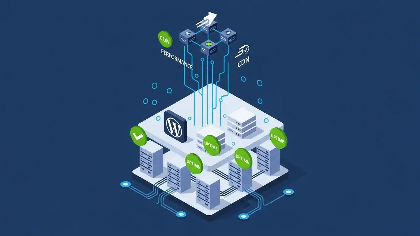 WordPress Hosting Guide 2026 1 Isometric illustration of hosting stack architecture highlighting server, WordPress, and performance layers