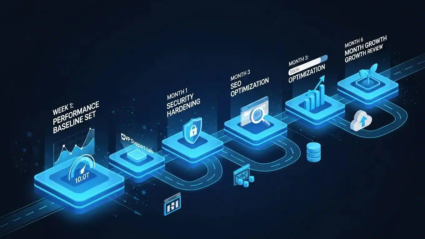 What Happens After Your AI Website Goes Live: Why You Need Expert Support 1 Isometric illustration of post-launch website lifecycle milestones managed by WP Support Lab