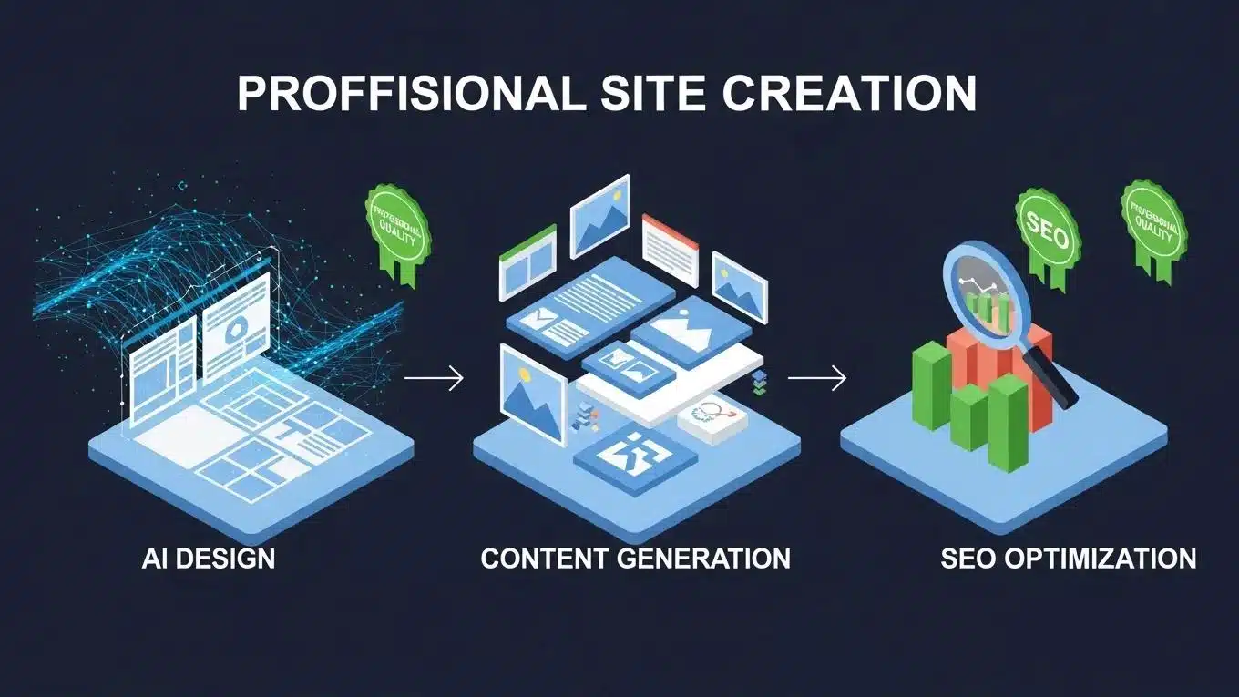 Professional AI Website Builder: Get a Business Site Live in Days 1 Isometric illustration of professional site creation pipeline with AI design, content generation, and SEO optimization layers
