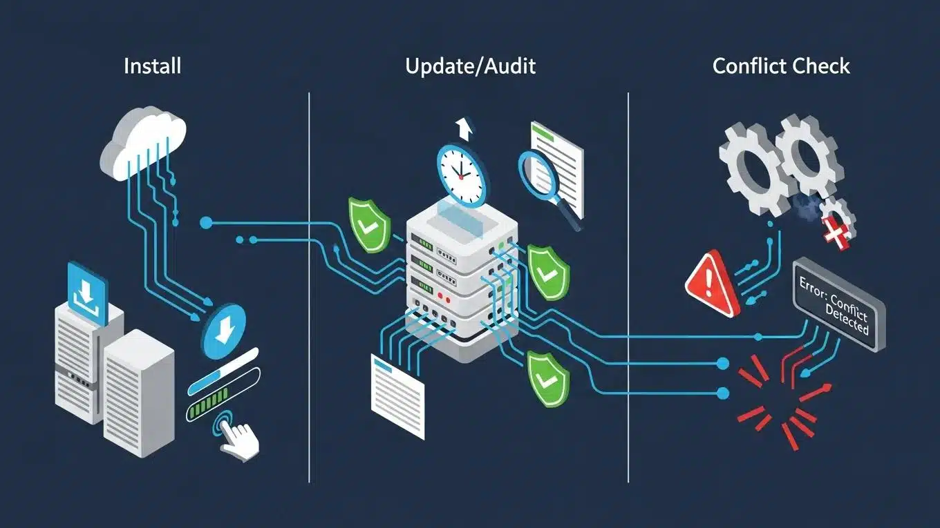 WordPress Plugin Management 2026 1 Isometric illustration of the WordPress plugin lifecycle architecture highlighting installation, updates, and conflict checks