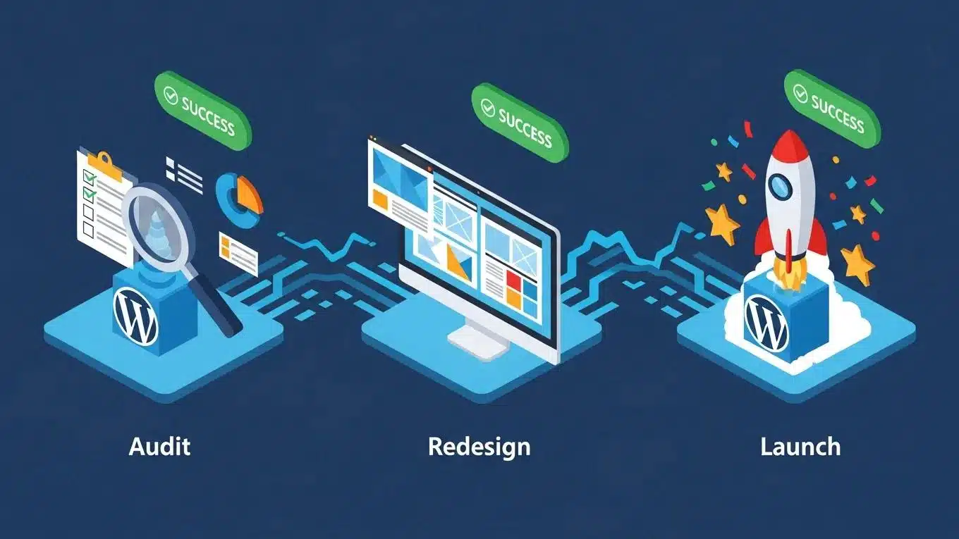 Case Study: How WP Support Lab Transformed Cardoze & Lindo's Website 1 Isometric illustration of the WordPress transformation pipeline showcasing audit, redesign, and launch stages