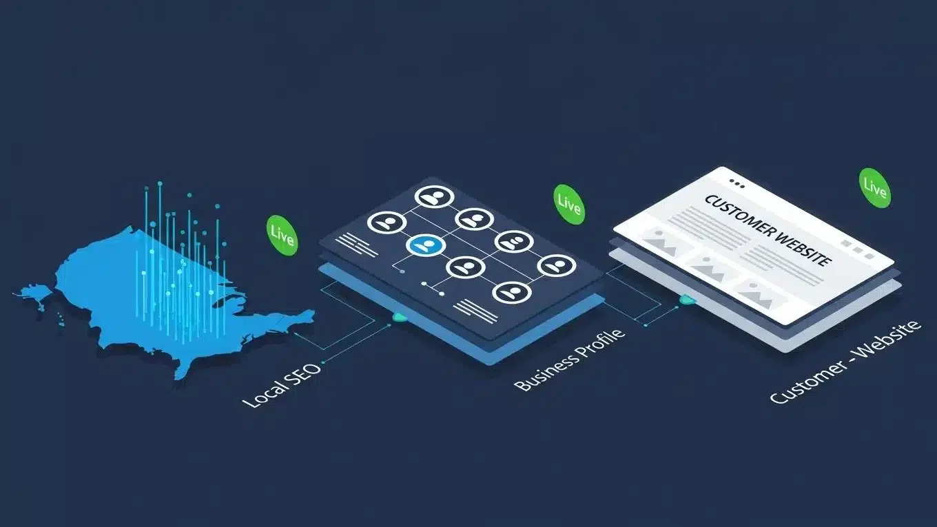 US Business Website Builder 1 Isometric illustration of US business website creation stack highlighting local SEO, business profile, and customer-facing website