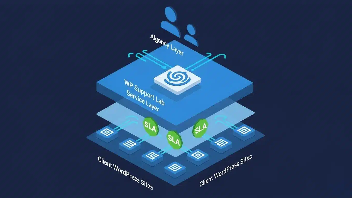 White Label WordPress Support 2026 1 Isometric illustration of white label support architecture showing agency, WP Support Lab, and client sites