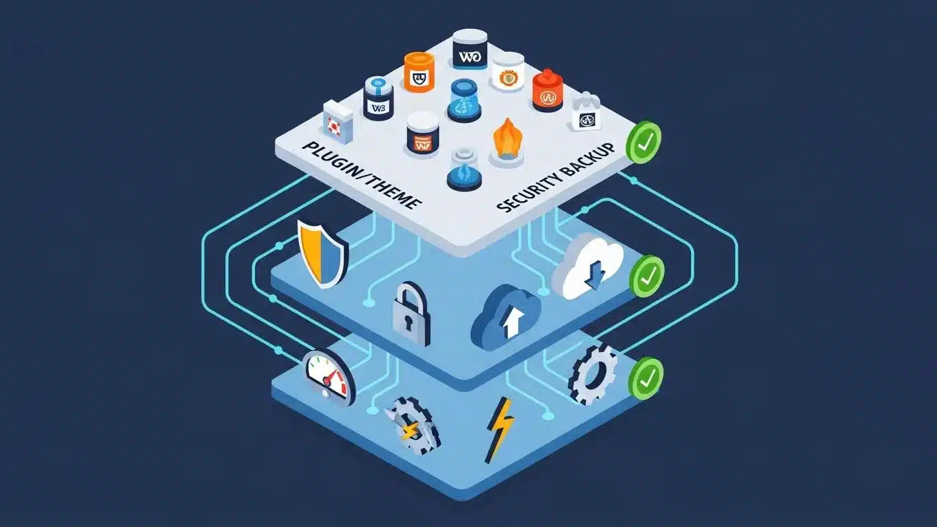 WooCommerce Maintenance 2026 1 Isometric illustration of WooCommerce maintenance stack highlighting plugin, security, and performance layers