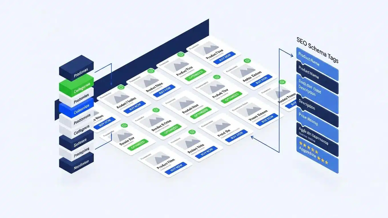 Case Study: How WP Support Lab Built Equimaq's Heavy Machinery Catalog 1 Isometric view of WooCommerce product catalog architecture with categories, product cards, and SEO schema tags