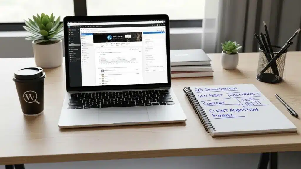 Modern digital marketing workspace with WordPress dashboard and growth strategy notes