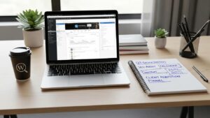 Modern digital marketing workspace with WordPress dashboard and growth strategy notes