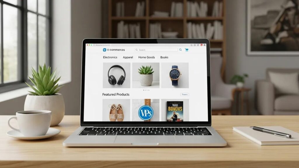 Modern e-commerce store setup on a laptop showcasing vibrant online shopping interface
