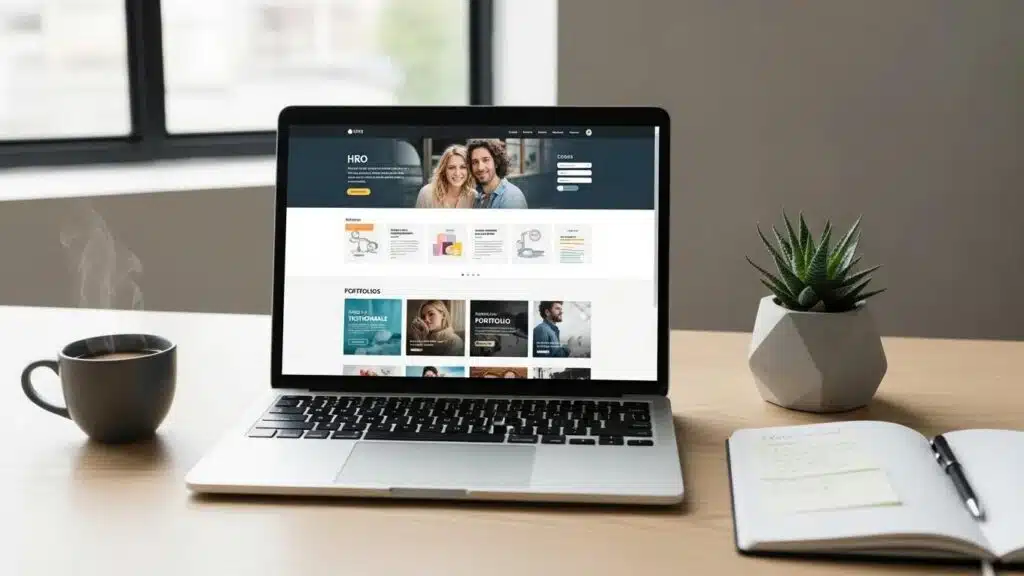 Modern web design workspace with a laptop displaying a responsive website, emphasizing innovation and creativity in web design trends.