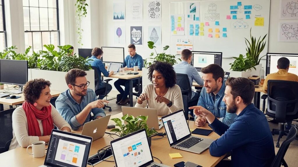 Modern WordPress agency workspace with team collaboration and digital tools