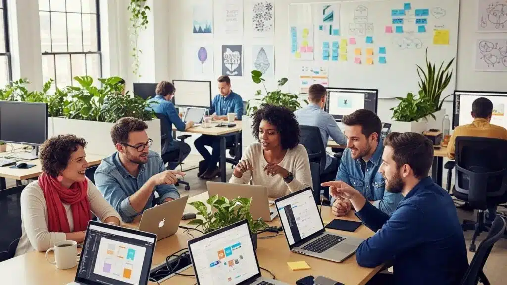 Modern WordPress agency workspace with team collaboration and digital tools