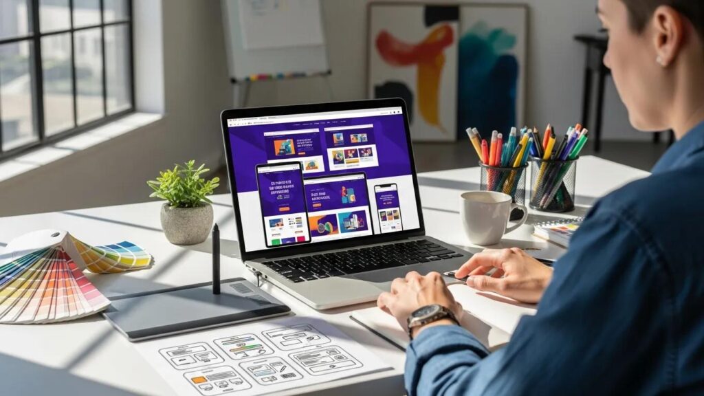 Modern workspace with a designer creating responsive web design on a laptop
