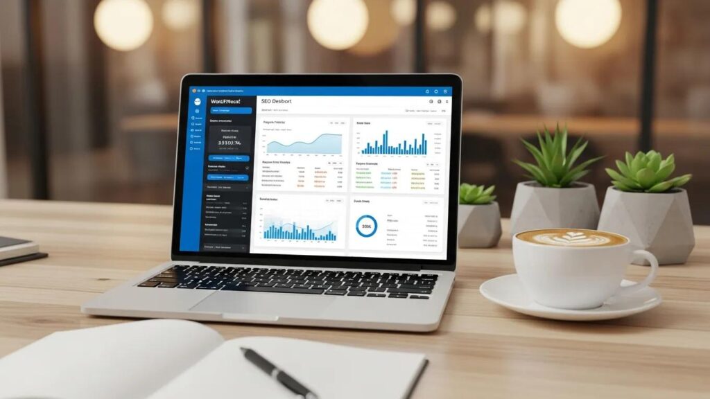 Modern workspace with a laptop showing WordPress SEO dashboard and productivity elements