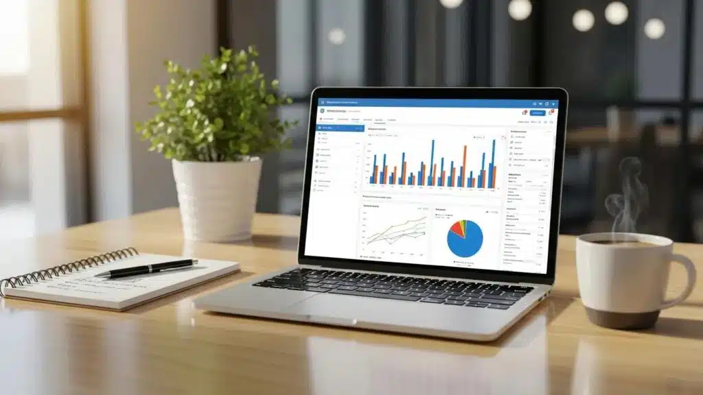 Modern workspace with a laptop showing WordPress SEO plugin dashboard