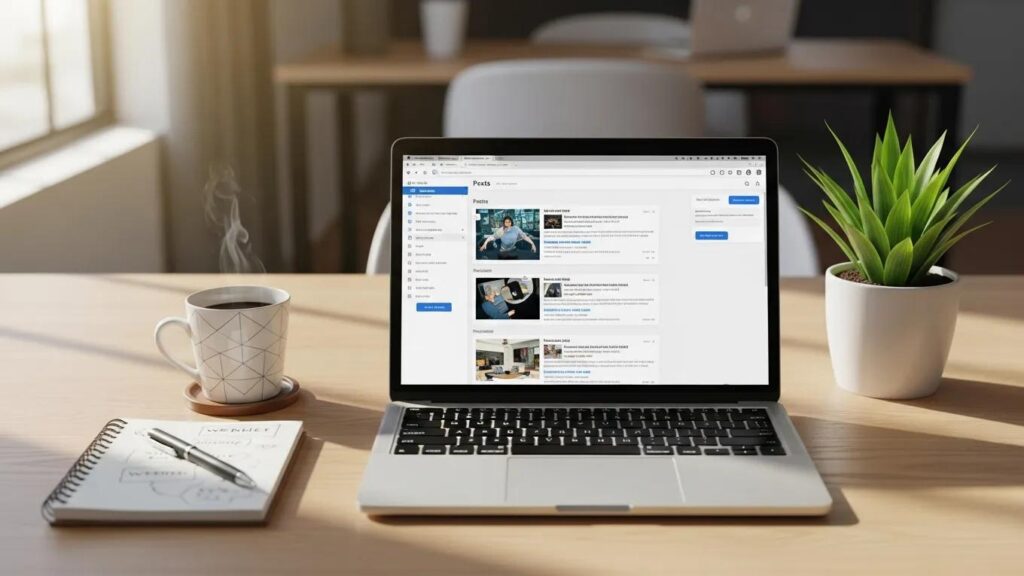 Modern workspace with laptop showing WordPress dashboard and productivity elements