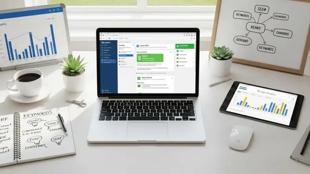 Modern workspace with laptop showing WordPress dashboard and SEO elements