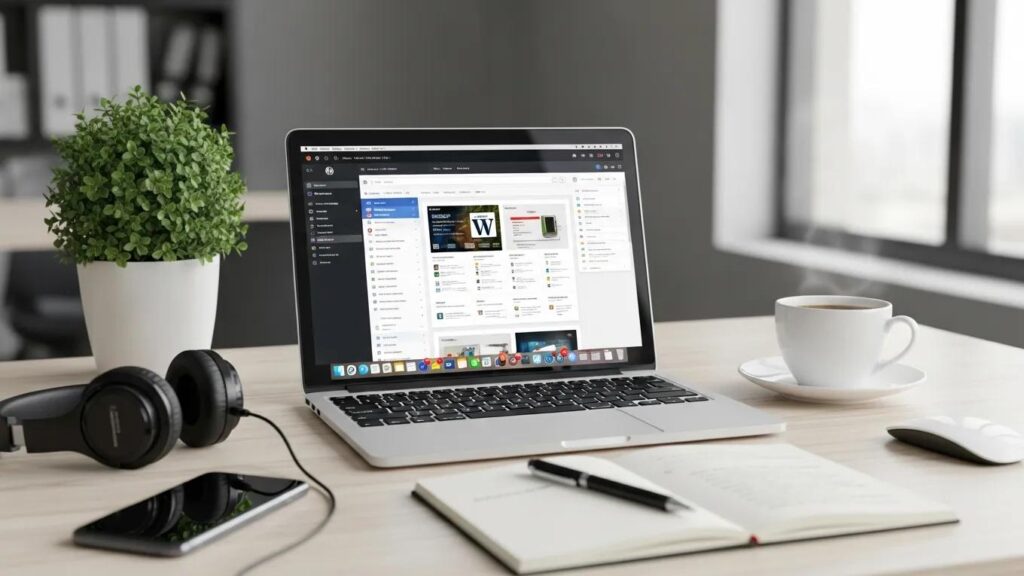 Modern workspace with laptop showing WordPress dashboard, coffee cup, and notepad
