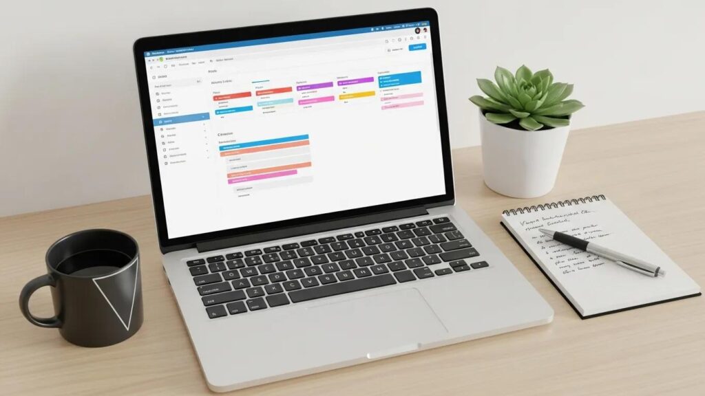 Modern workspace with WordPress dashboard on laptop, enhancing website management