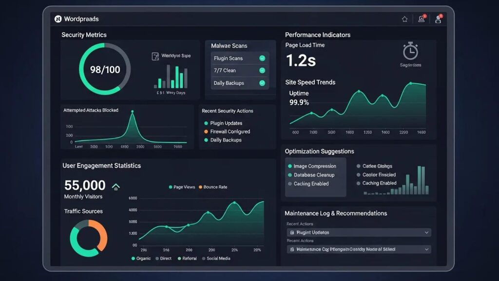 Overview of WordPress maintenance benefits with security and performance metrics