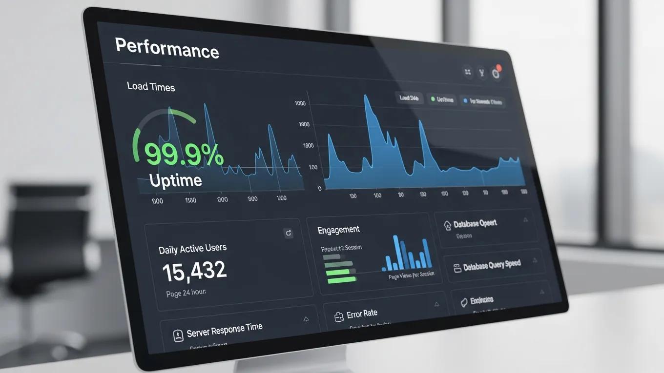 WordPress Maintenance Benefits: Why Professional Care Drives Business Growth 1 Performance monitoring panel for WordPress site showing load times and uptime