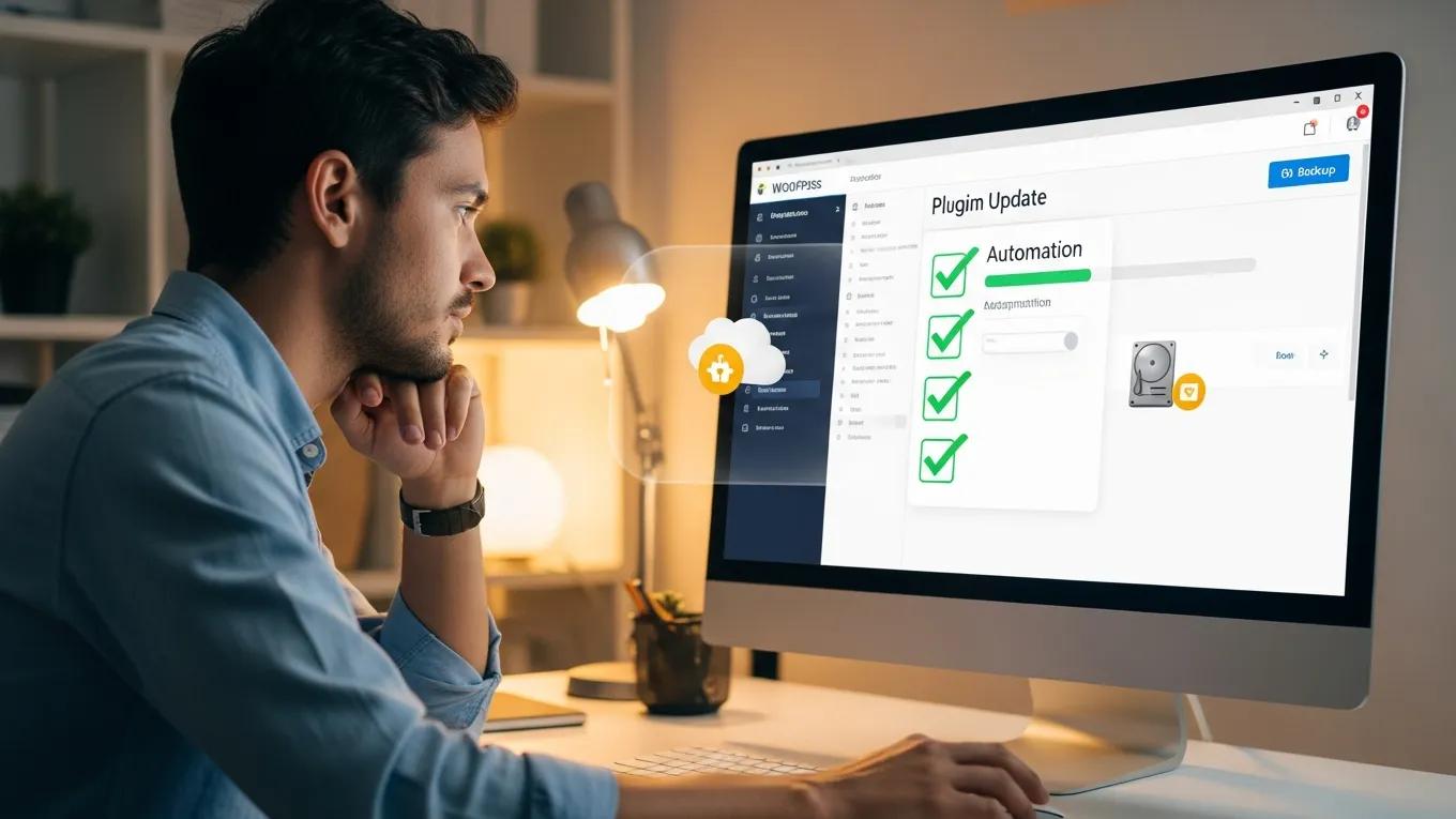 WordPress Plugin Maintenance 1 Person automating WordPress plugin updates on computer, emphasizing safety and efficiency