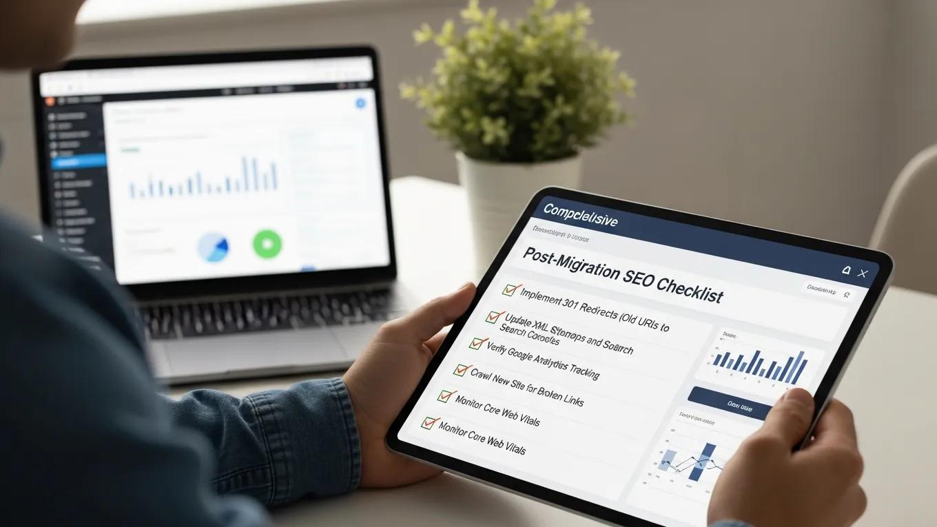 Migrating Your Site to WordPress: 6 Effortless Steps 2 Post-migration SEO checklist on a tablet, focusing on techniques to preserve search engine visibility