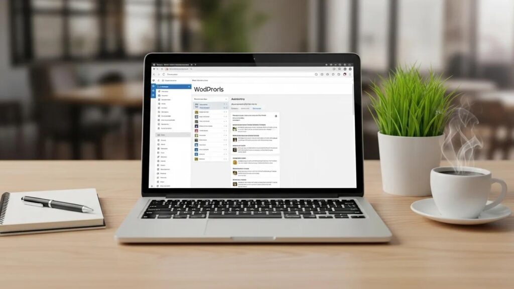 Professional workspace with a laptop showing WordPress dashboard, enhancing multisite management theme